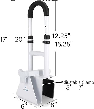 Vaunn Medical Adjustable Height Bathtub Safety Rail, Extra-Height 17-20 Tall Extension ADA Compliant Shower Grab Bar Handle for Elderly and Disabled, Secure Locking Tub Clamp, 300 lbs