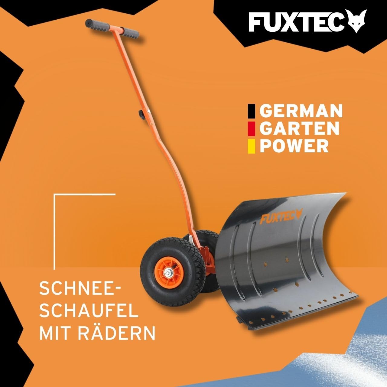 FUXTEC Schneeschaufel auf Rädern FX-SS740, höhenverstellbar - komfortables Schneeräumen, rückenschonender Schneeschieber, Schneeschild 75 cm Arbeitsbreite-Höhe 42 cm, platzsparend da zusammenklappbar