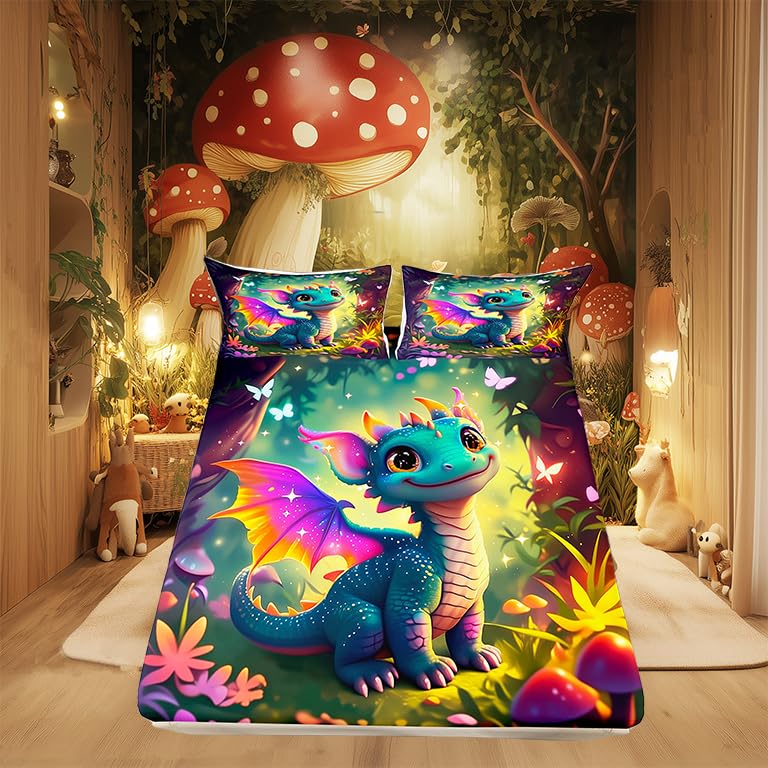 Cute Dragon Bedding Set Queen Size Mushroom Floral Butterfly Bed Set for Teens Bedroom Decor Purple Orange Wings