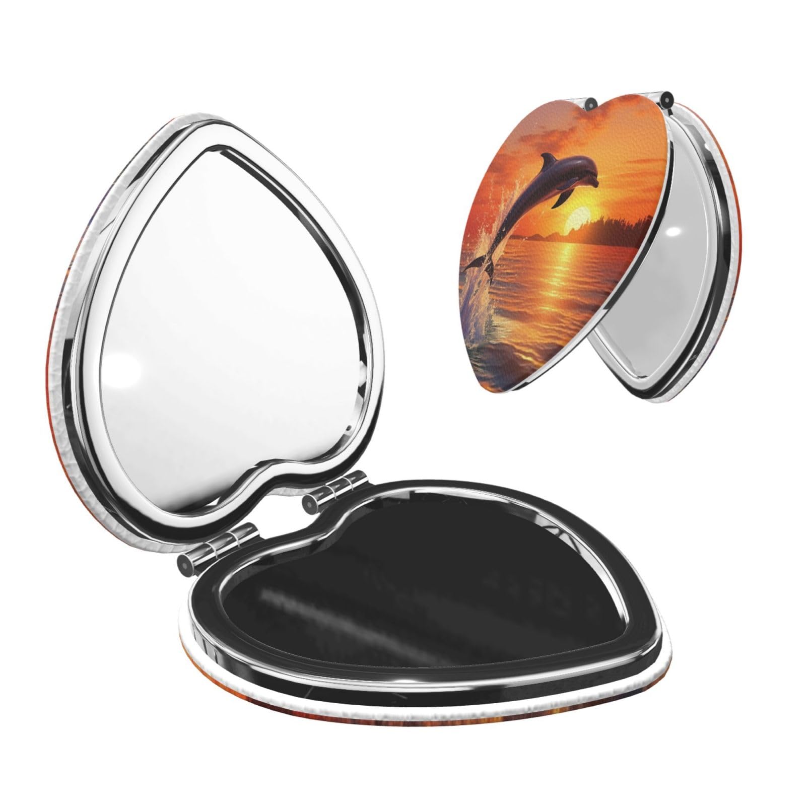 DWVTSLH Sunset Dolphin Compact Mirror for Purse, Double-Sided 2X/1X Magnifying Mirror for Women Men, Travel Makeup Mirror for Handbag, Handheld Vanity Mirror for Gift