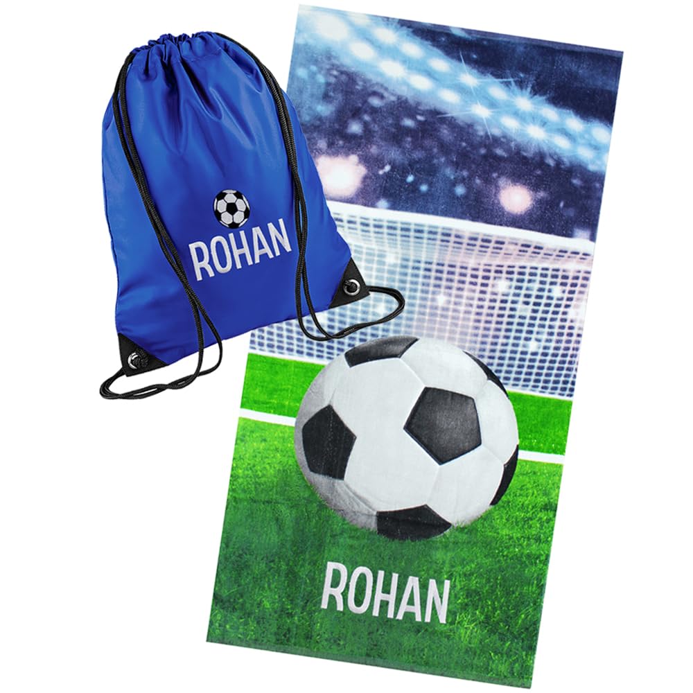 Teddyt's Blue Personalised Football Embroidered Beach Towel & Royal Bag Set