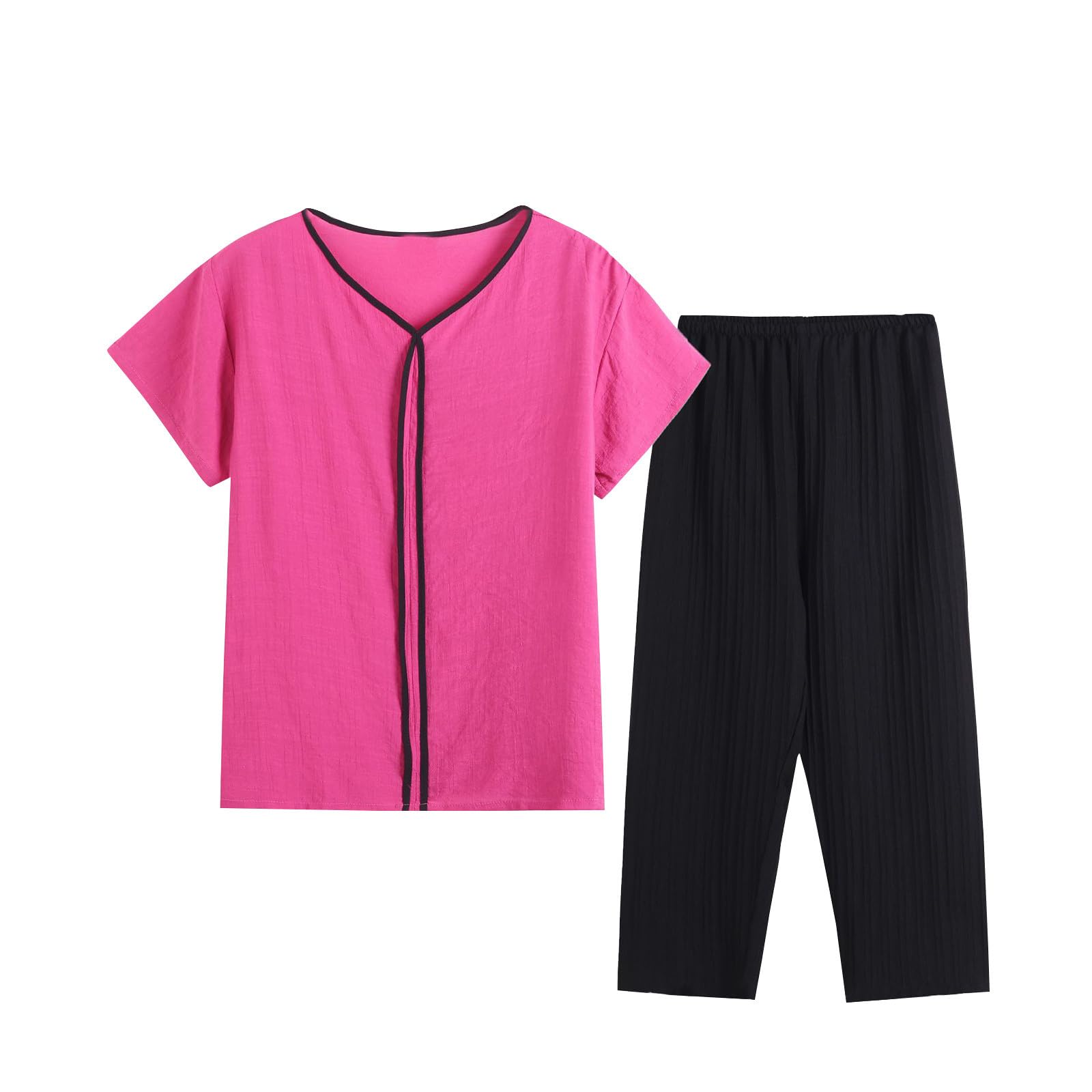 Generic Womens 2 Piece Outfits Casual Summer V Neck Short Sleeve Tops Cropped Pant Lounge Sets Loose Comfy Pajamas Loungewear