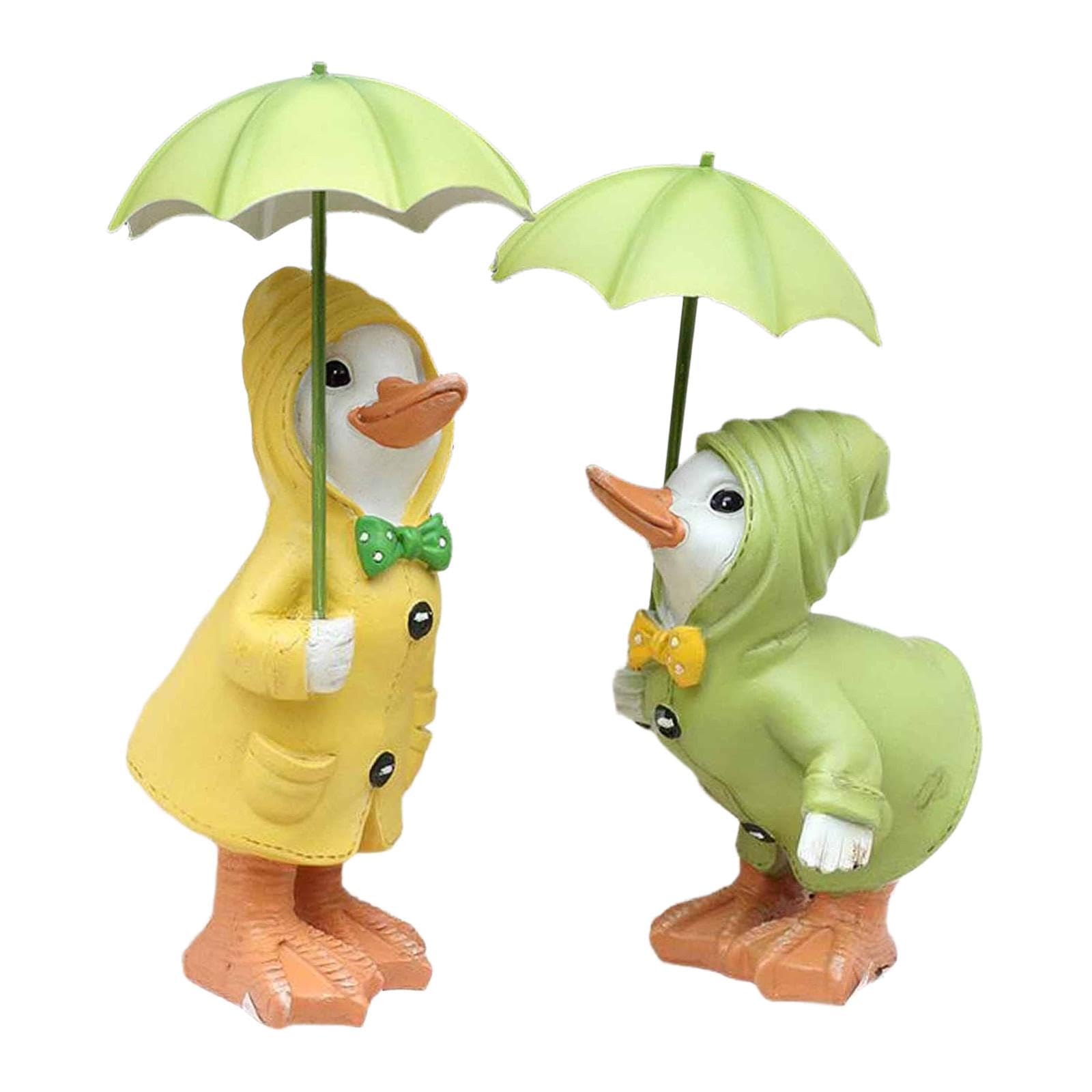 2 Statuette di Anatre con Ombrello, dipinte a Mano, per caffè, Giardino, libreria, Camera da Letto, Soggiorno, Cortile.