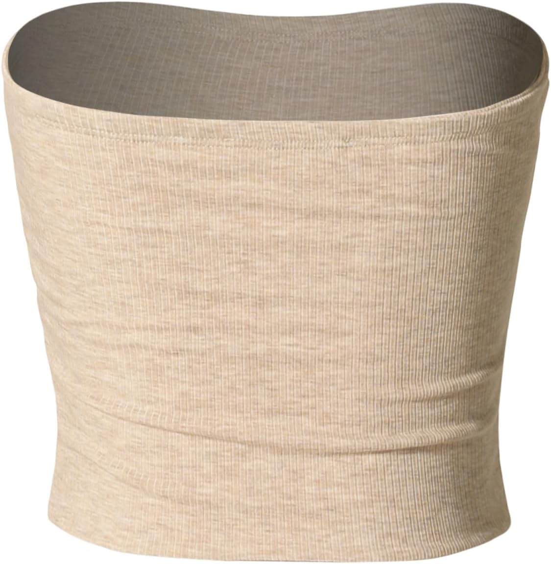 MixMatchy Women's Casual Basic Strapless Crop Tube Top Ribbed Knit Bandeau Top Summer Skinny Shirt Oatmeal L - Image 3