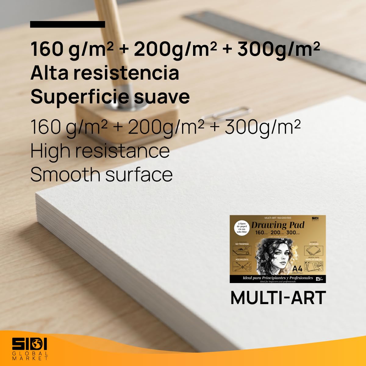 SIDI - Bloc de Dessin A3 Professionnel 160g/m², 200g/m² et 300g/m², Papier Sketchbook, Papier Épais Sans Transfert, Pour Crayon, Feutres et Croquis, 3 Types de Épaisseur (MULTI-ART, 50 feuilles)