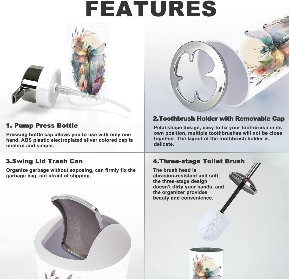 Bathroom Accessory Set 6 Piece Watercolor Dragonfly White Toothbrush Holder, Toothbrush Cup, Soap Dispenser, Soap Dish, Toilet Brush Holder, Trash can, fdzc1BwhfMRLW-6j