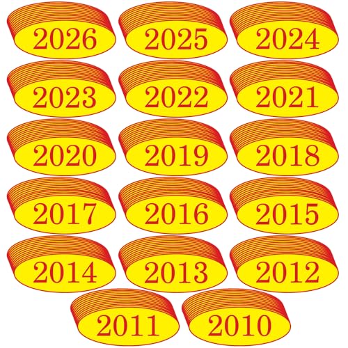 Image of Car Windshield Year Stickers (2010-2026) - 17 Dozen (12 per Year, 204 Total) - Red & Yellow Large Oval Vinyl - Waterproof, Easy to Remove, Ideal for Used Car Dealers & Auto Dealerships (204)