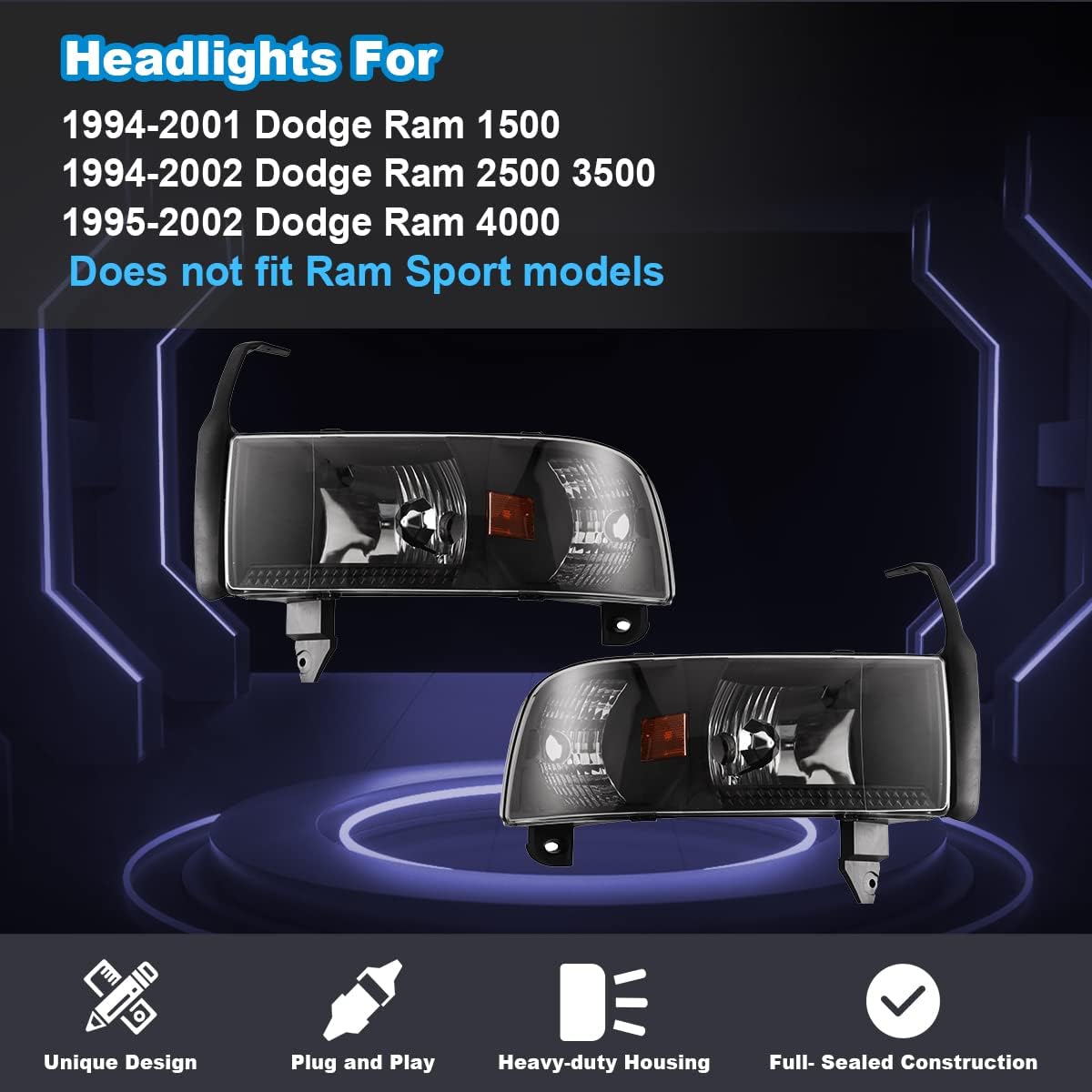 ROXX Headlights Assembly for 1994-2001 Dodge Ram 1500 2500 3500, 1995-2002 Dodge Ram 4000, Headlights w/Amber Reflector, High Low Beam, Driver & Passenger Side (Without DRL)