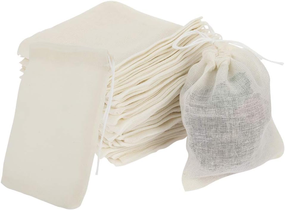 Yumi V 50-Piece Muslin Bags - 100% Cotton Drawstring Reusable Mesh Bags for Snacks, Spices, Tea, Coffee Filters, Crafts, Soap Nuts, Gifts