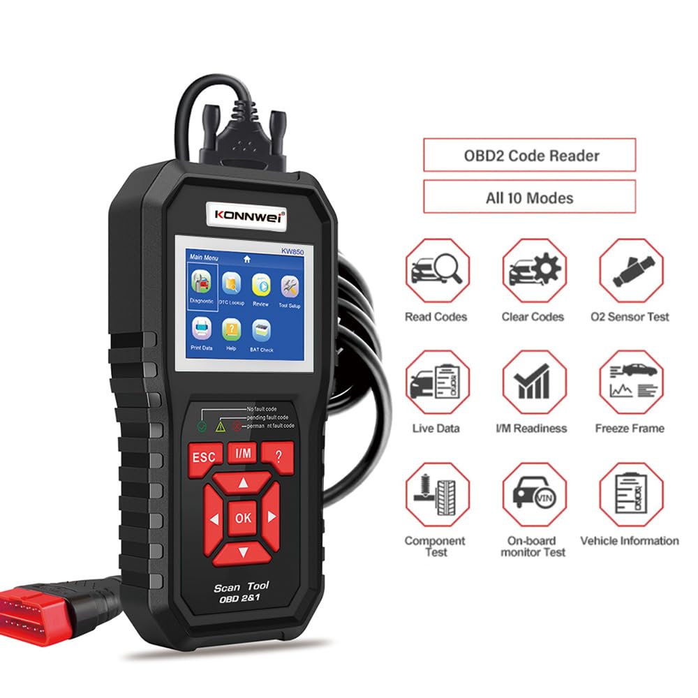 KONNWEI KW850 OBD2 Diagnosegerät, OBDII/EOBD Diagnose Fehlerspeicher Auslesen, mit Vollständigen OBD2 Funktionen, Universal Fehlercode Auslesegerät,Kompatibel mit Allen Fahrzeugen nach 2002 (Schwarz)