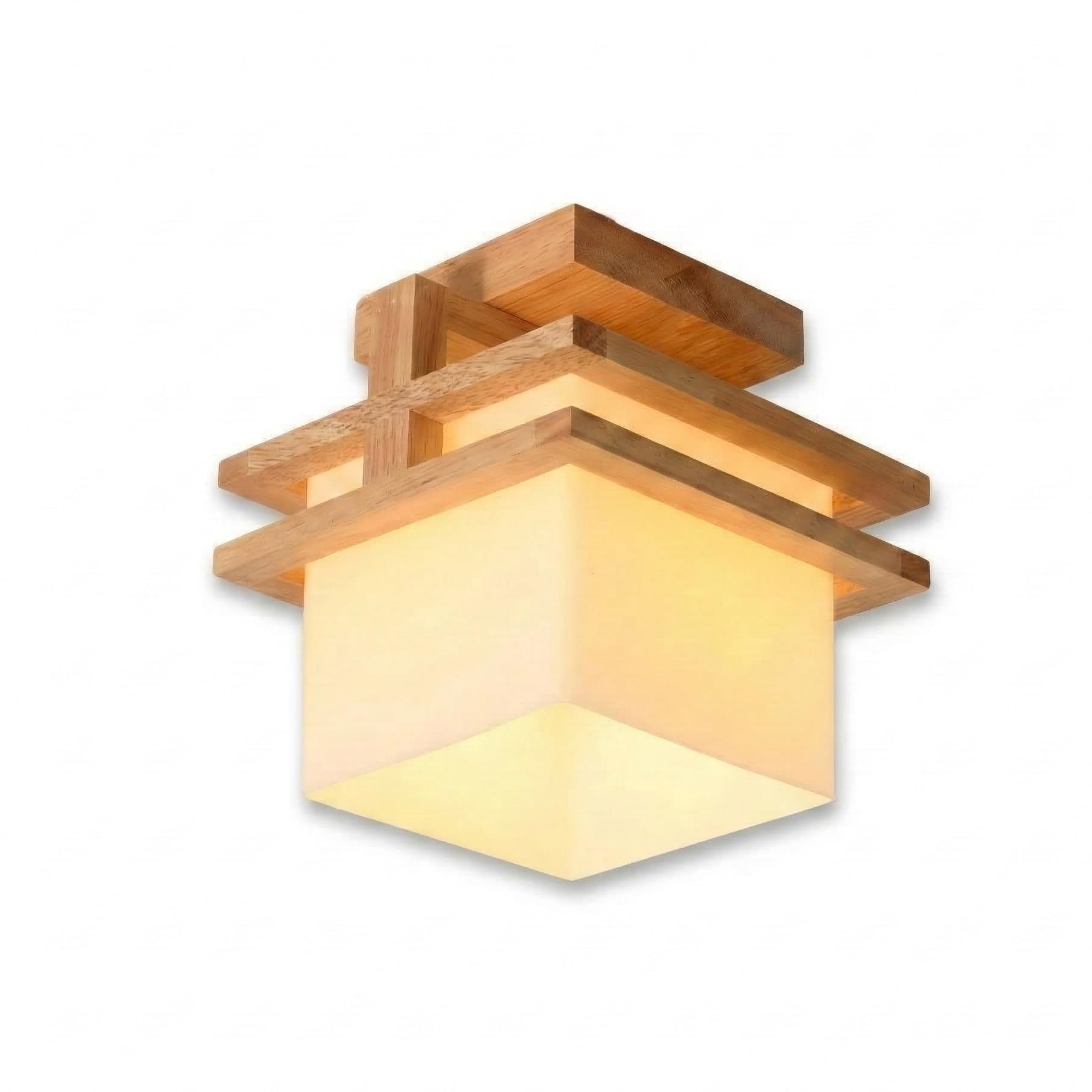 NHPJFDC Wood Square Flush Mount Ceiling Light, Solid Wood Geometric Ceiling Lamp, Japanese Style Fixture for Bedroom, Hallway, Balcony, Cloakroom, Entryway, Stair Landing, Apartment Foyer Residential