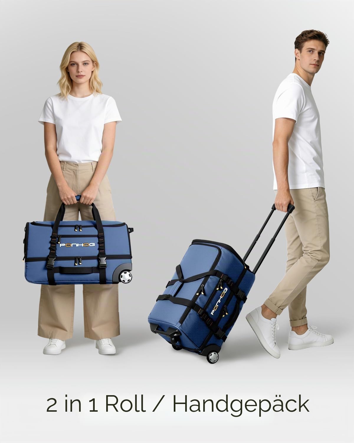 Ponhog Reisetasche mit Rollen - Trolley Sporttasche, Rolltasche mit Schuhfach und Wasserabweisend für Reisen, Fitness, Übernachtung, Ausflug, Wochenendausflug