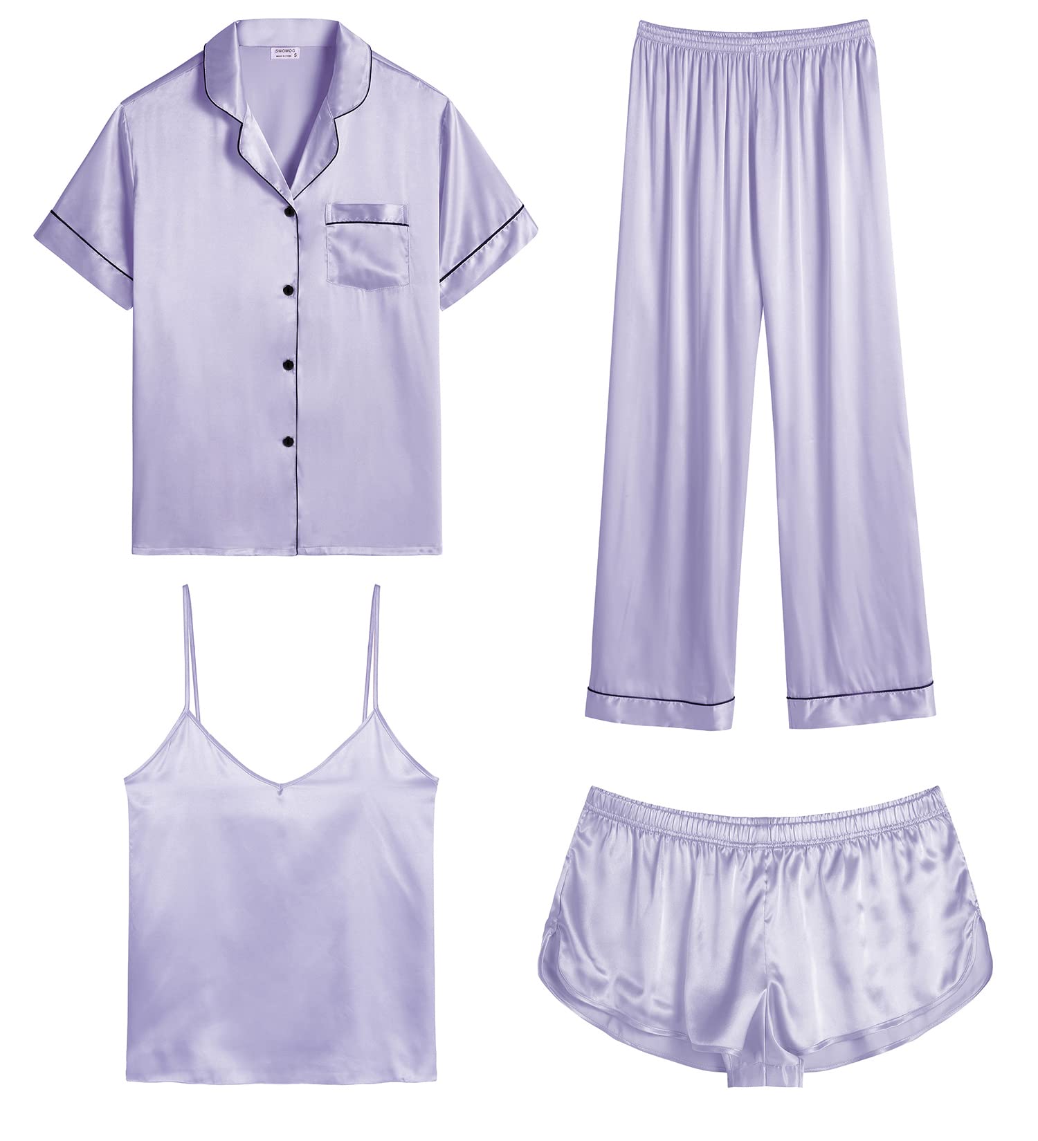 SWOMOG Womens Silk Satin Pajamas Sets 4pcs Sleepwear Sexy Cami Shorts Set and Button Down Short Sleeve Pjs Loungewear Lavender X-Large