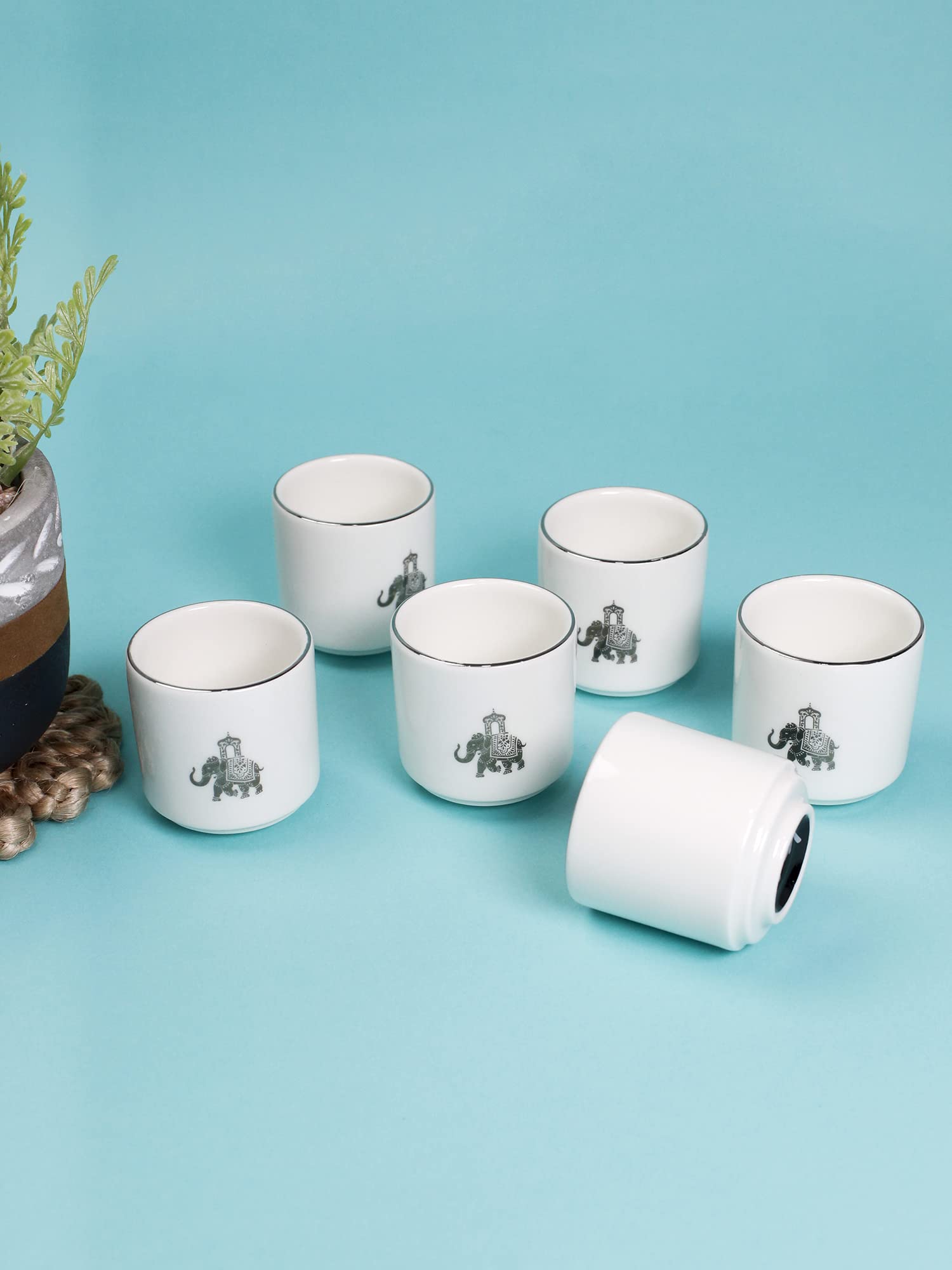 VOLA Gaj Series Dip Cup (Kahwa) Set of 6 with Platinum Rim and Elephant Motif | Home & Office Use | Kitchen & Dining Luxury Tableware | Ideal for Gifting |