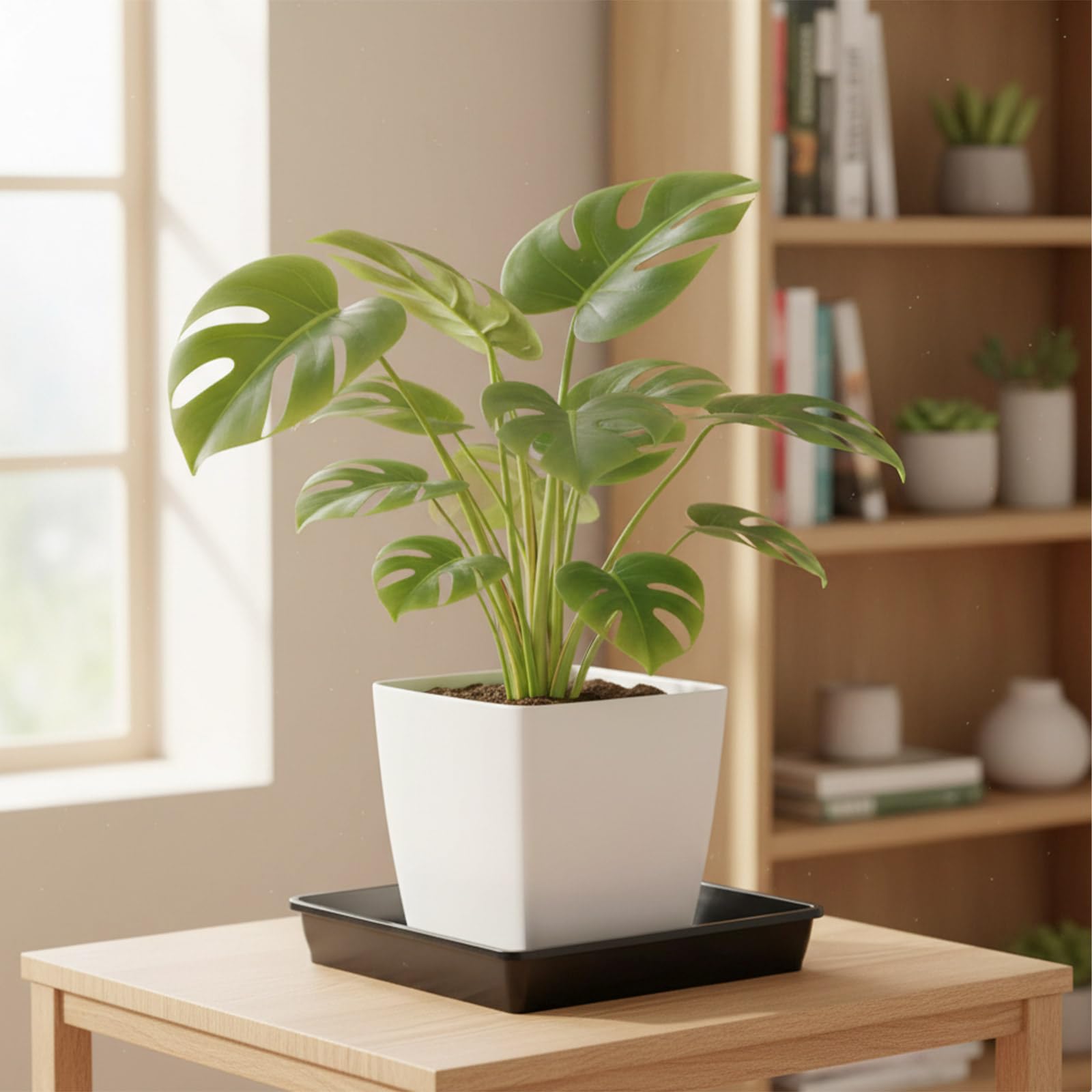 Blumentopf Untersetzer Eckig 4 Stück Schwarz | Hochwertiger Kunststoff, Stoß- und Fallbeständig, Wasserreste Auffangen, für Wohnbereich Balkon Garten M 30 x 30 cm