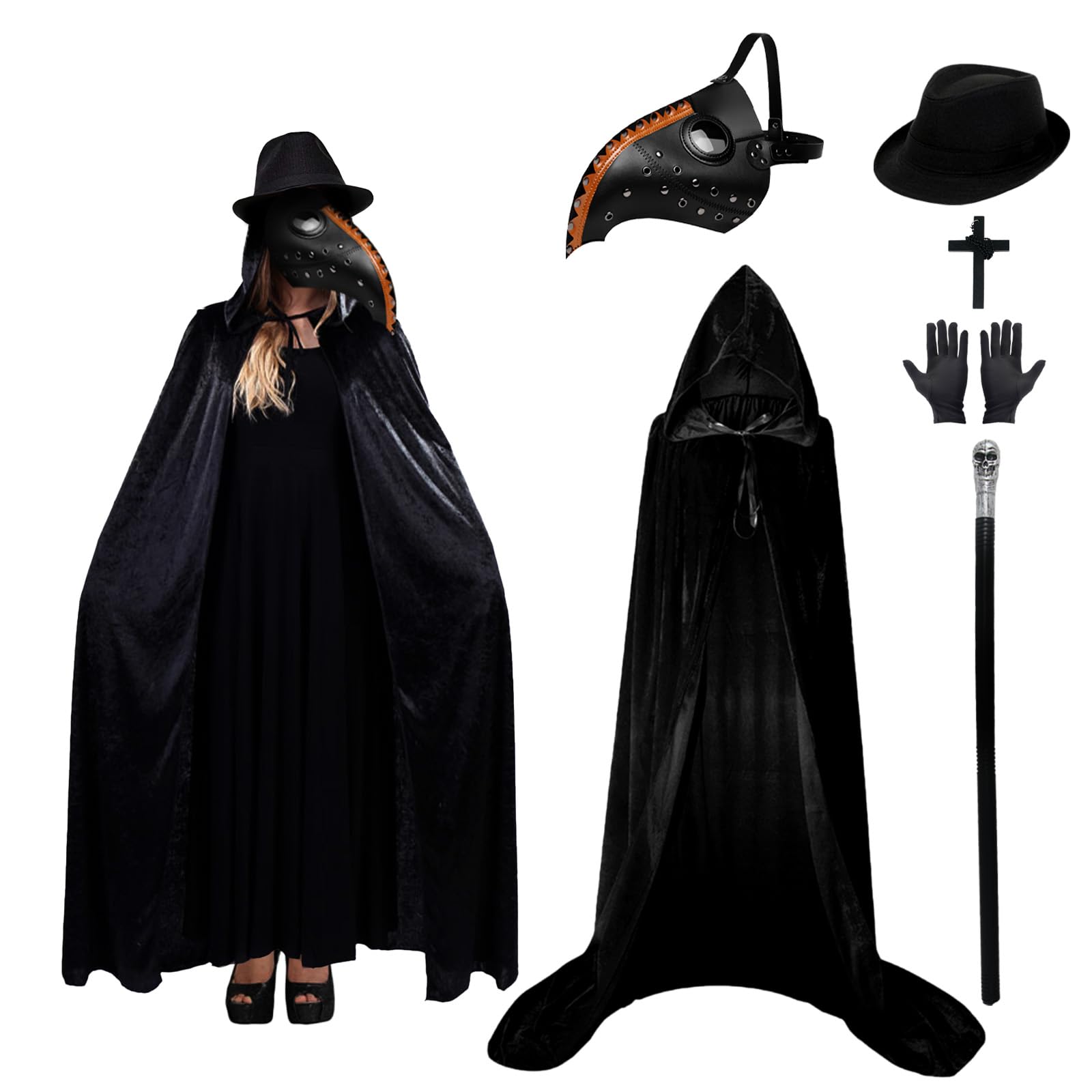 Costume da medico della peste per adulti e bambini, maschera da medico della peste con mantello con cappuccio, cappello a cilindro, collana con croce, guanto, scettro, retrò