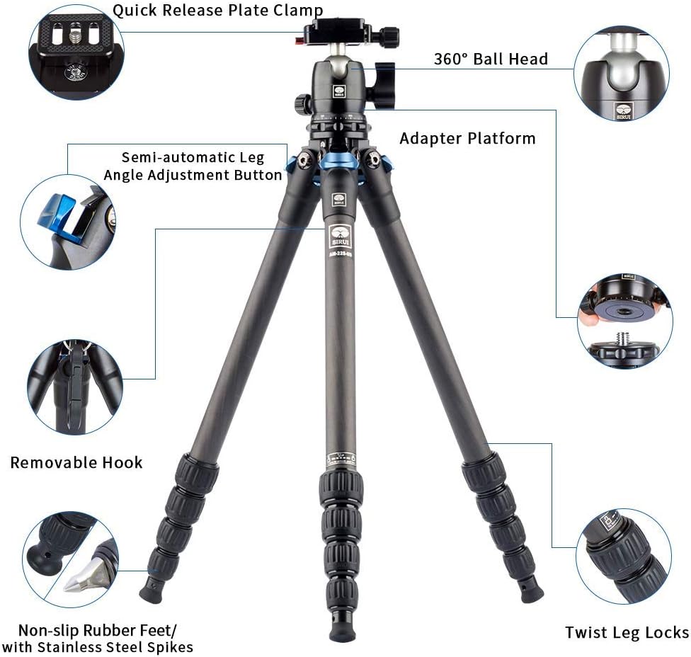 New Arrivals SIRUI AM-225 Camera Tripod Carbon Fiber Tripod 5-Sections Travel Lightweight Small Tripod with B-00K Ball Head