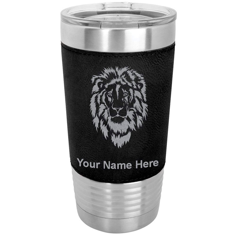 LaserGram 20oz Vacuum Insulated Tumbler Mug, Lion Head, Personalized Engraving Included (Faux Leather, Black)