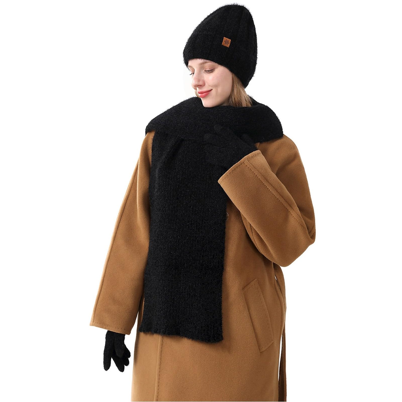 Générique Ensemble Echarpe Bonnet Gant Femme Tricot Beanie Écharpe Hiver Et Gants Thermiques De Doublure Polaire Foulard Ronde Moto Capuche Tour Cou Homme Ski Blanc