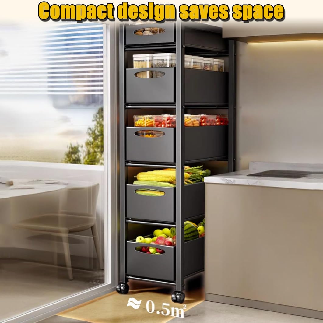 Carrello portaoggetti sottile in metallo a 5 ripiani, con ruote, salvaspazio, per cucina, bagno, colore: nero (26,9 x 38,9 x 134,9 cm)