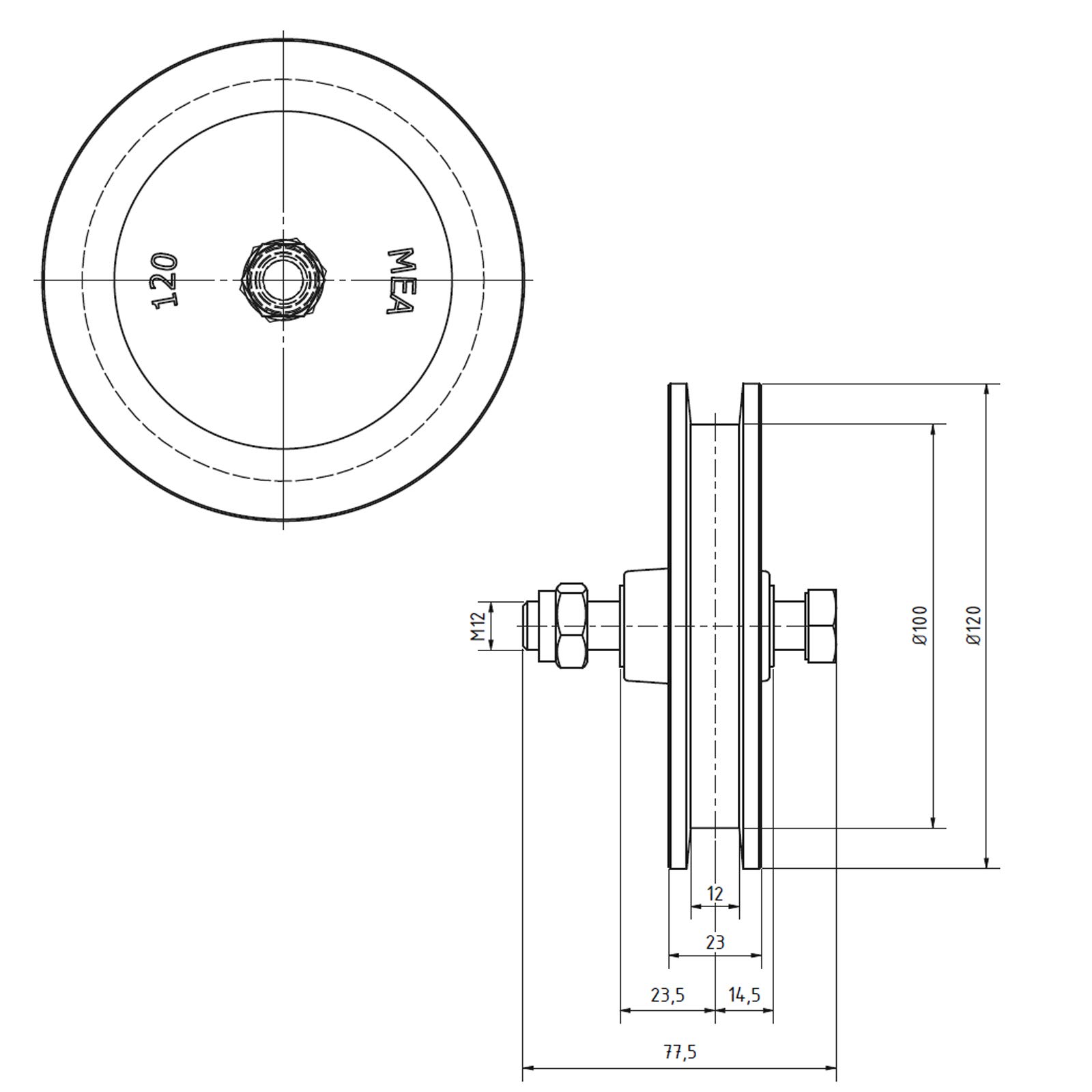 Schiebetürrolle Ø120 mm / 100 kg Tragkraft/MEA, Gußrolle, Schiebetorrolle, Schienenrolle, Holztor, Scheunentor, Stalltor