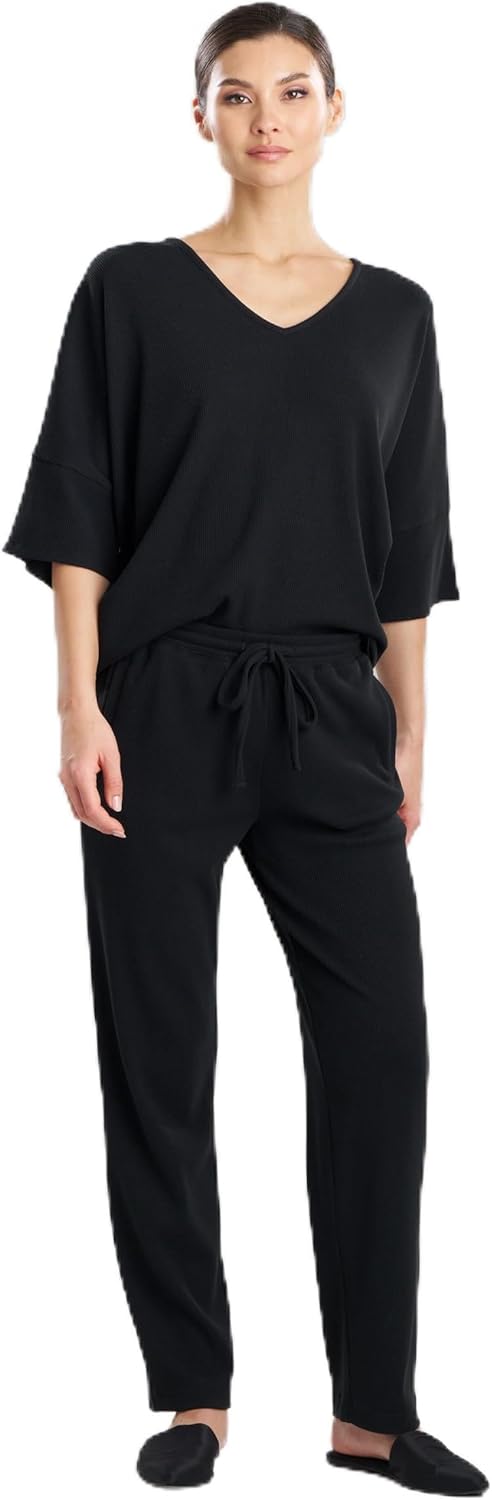 N Natori Women's Tranquility-Waffle Tapered Pants Inseam 29", Black, Large