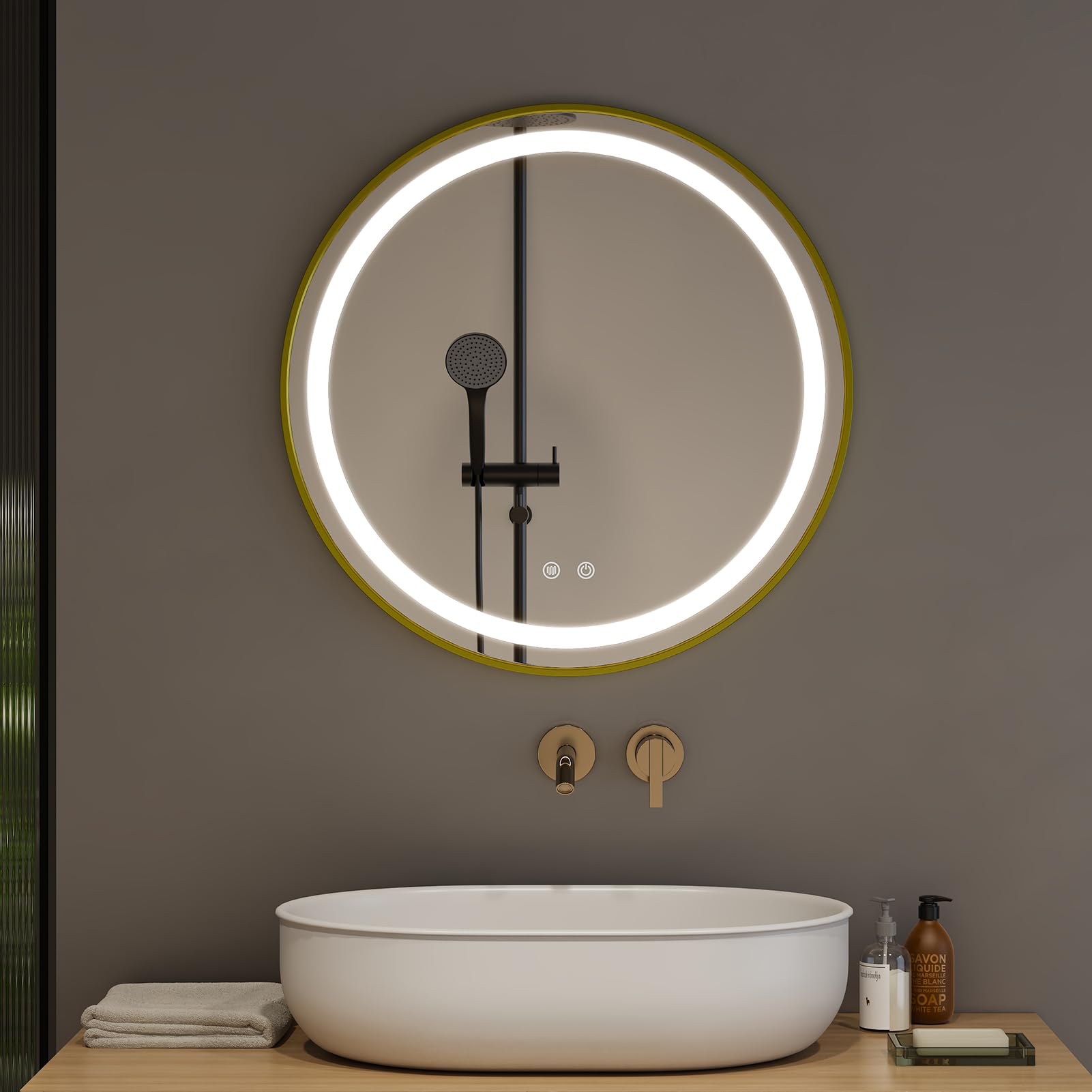 Warmiehomy Round Bathroom Mirror with Lights,50cm LED Illuminated Bathroom Mirror with Dimmable Light Demister Pad Touch Switch,Gold — image 1