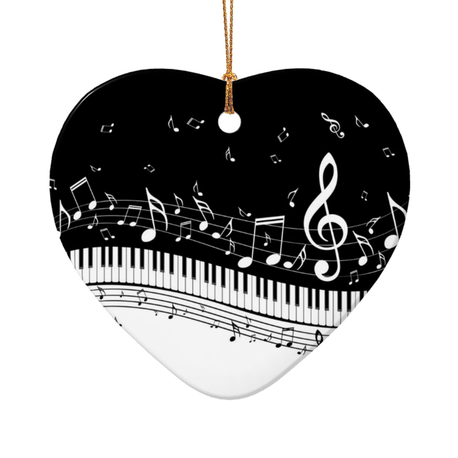 Augustrush Heart Shape Ceramic Christmas Ornaments, Piano Keys Musical Notes,Double-Sided Tree Hanging Decor For Xmas Fireplace Party, Festive Holiday Decorative Keepsake Gift Set, Round &