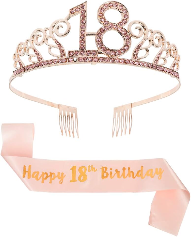 You&Lemon Rose Gold Happy 18th Birthday Sash and Tiara Rhinestone Crown Headband for Gift Party Accessories Decoration Girls Women
