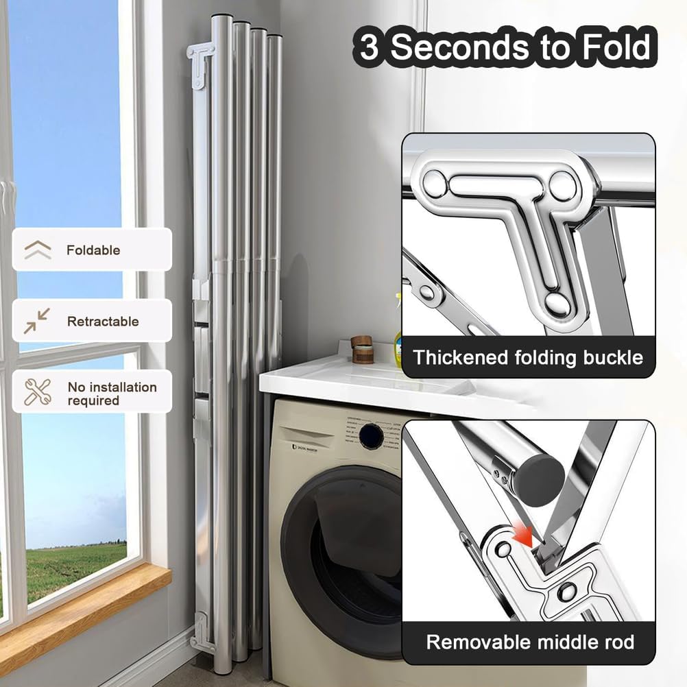 Large Capacity Foldable Clothes Drying Rack - 5 Poles Stainless Steel Garment Rack with Clips & Hooks, 1.6m/5.2ft Adjustable Hanging Storage Solution for Laundry