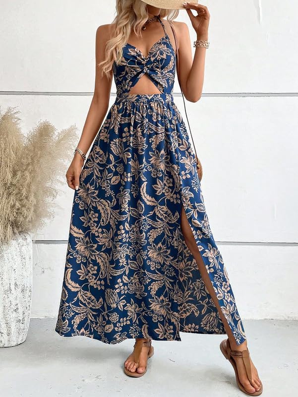 SISKIN Womens Maxi Dress Long Flowy Casual Sexy Summer Floral Beach Dresses, Spaghetti Strap Cut Out Twist Front Sundresses3