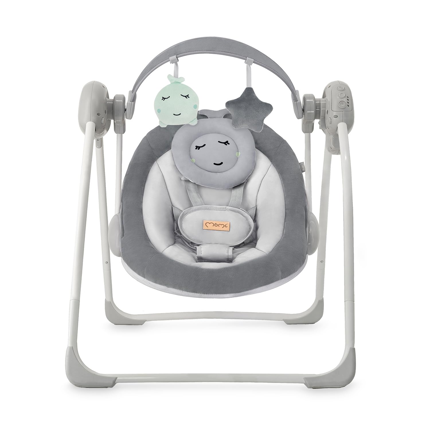 Sdraietta a dondolo MoMi LISS per neonati fino a 9 kg, pieghevole, a batteria o rete con USB, cinture 5 punti, barra con giocattoli, 6 melodie, timer, 5 velocità di oscillazione