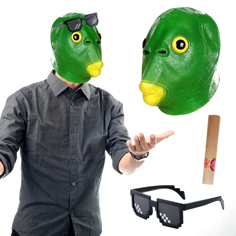 WFKKMEQ Halloween Green Fish Mask, Green Fish Animal Latex Full Head Realistic Masks, Costume Party Cosplay Props, Carnival