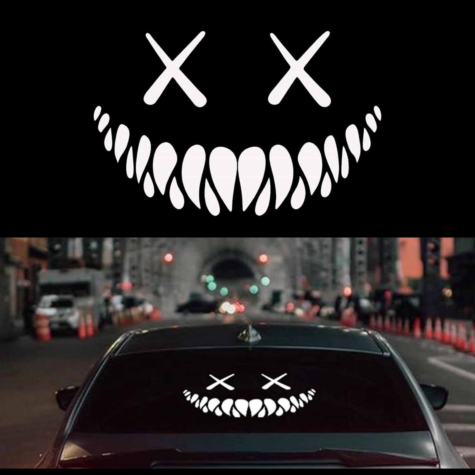 1 PC Car Rear Windshield Sticker, 15.74" x 10.23" Halloween Atmosphere Devil Smiley Shape Reflective Car Sticker, Holiday Decoration Modification Accessory, for Most Cars (White & Silver)