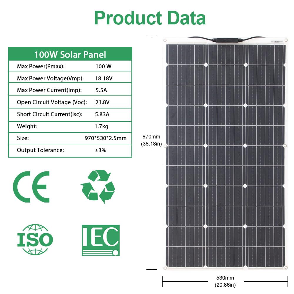 Kit de panneaux solaires flexibles 200W 2 * 100W 12V Contrôleur de panneaux photovoltaïques à cristaux Monokristallines 20a, pour batteries de charge 12V - RV, Caravane, Bateaux, Toits.