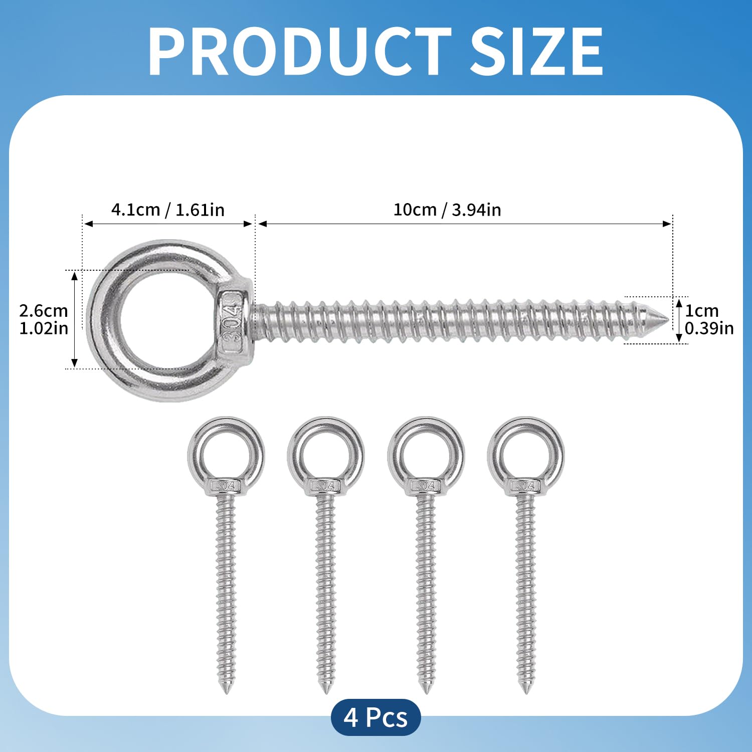 Verazquy 4 Pcs Heavy Duty Eye Hooks Screw, Eye Bolt M10 304 Stainless Steel Self-Tapping Screw - Image 2