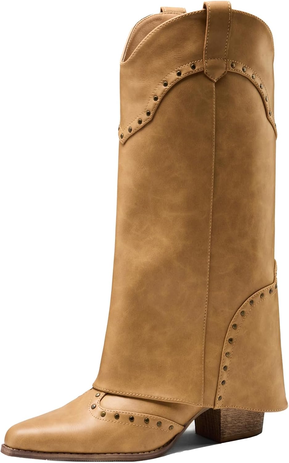 Women Shark Boots Fold Over Studded Mid Calf Cowboy Chunky Heel Pointed Toe Cowgirl Boots