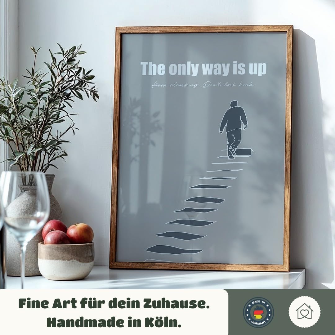 MJ-GRAPHICS® Motivierend Poster Aufstieg Wandbild minimalistisch Stil Grau modern Wohnzimmer DekoInspirierend Kunstdruck Treppe Büro Wanddeko zielstrebig Bilder A2 mit beigem Rahmen
