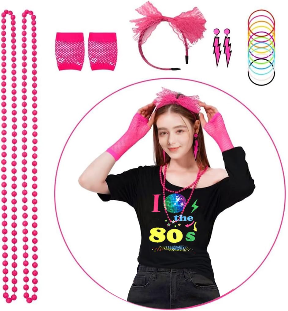 ELFIN 8 Pieces Women 80s Fancy Dress Off Shoulder Tops Lip Print 80s T-Shirt Warmers Fishnet Gloves Necklace Earring 1980s Costumes Outfit Accessories Retro Theme Party Cosplay - Image 2