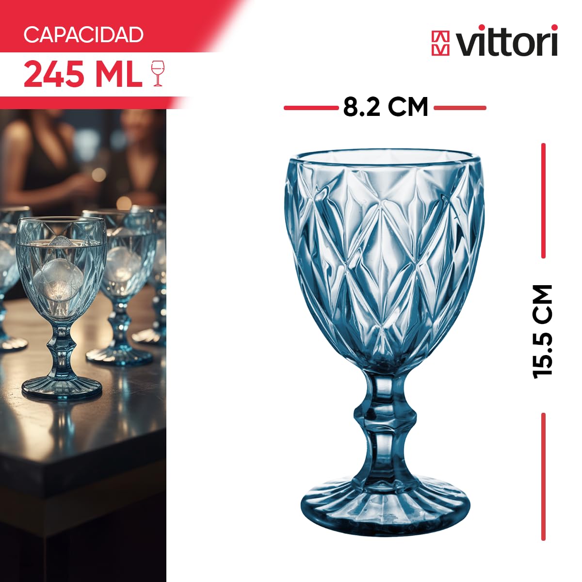 VITTORI, Set mit 6 Vintage geschnitzten Kristall Gläsern, kobaltblaue Weingläser, 245 ml