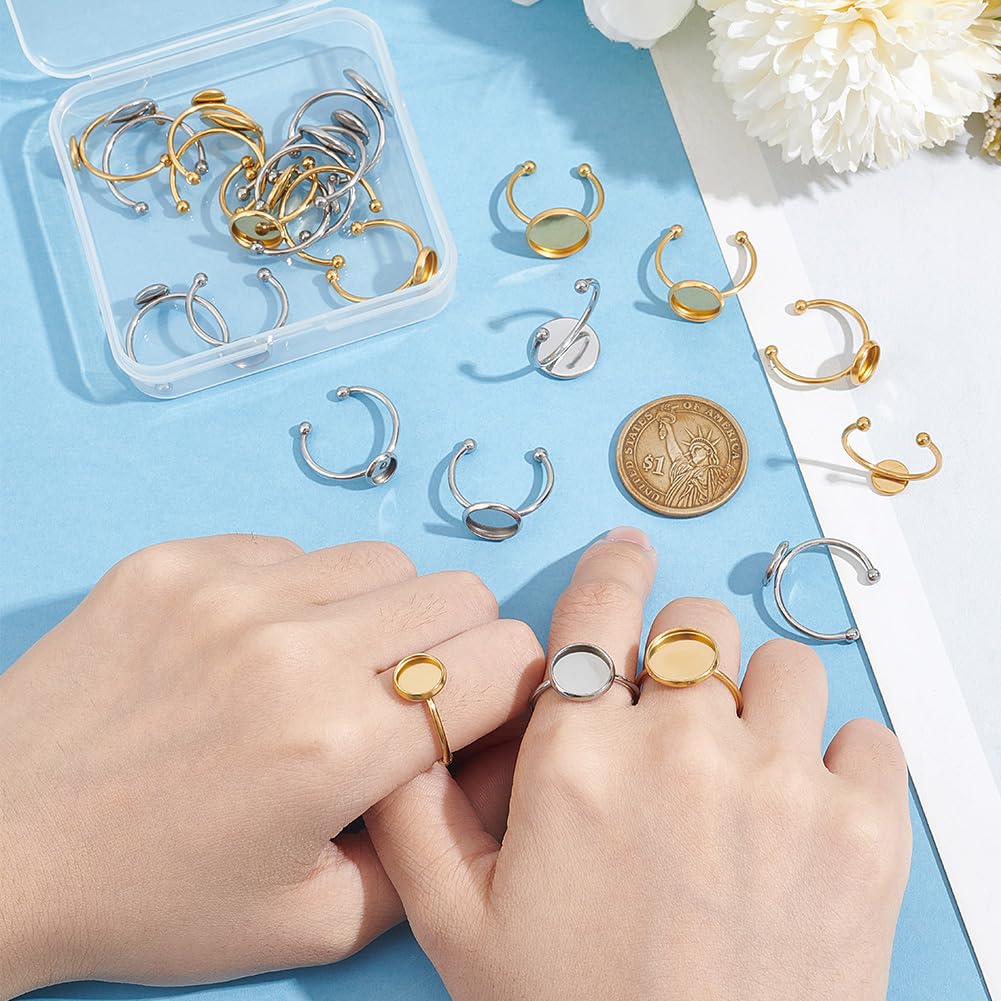 UNICRAFTALE 24Pcs 2 Colors 4 Sizes Blank Rings Base Finger Rings 6-12mm Stainless Steel Pad Ring Base Flat Round Blank Ring Settings Base Cabochon Base Bezel Tray for Jewelry Making Supplies - Image 4