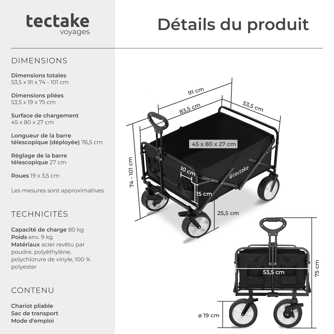 tectake® Chariot à roulettes Chariot de Transport Pliable pour Transport Enfant, Plage, Festival, Camping, Courses, Chariot de Jardinage, Promenade - Noir