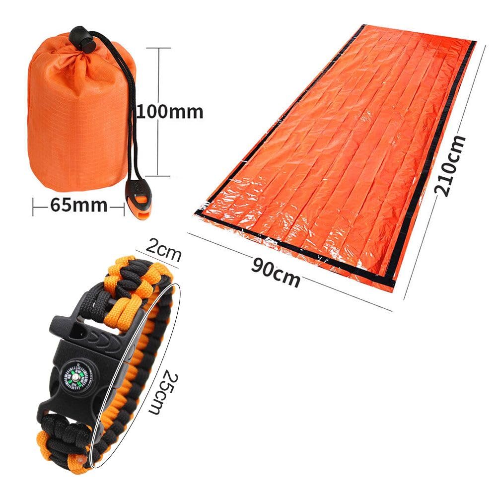 Sacco a Pelo d'Emergenza con Braccialetto Sopravvivenza Sacco a Pelo di Sopravvivenza Coperta di Sopravvivenza Riutilizzabile Coperta di Isolamento Termico di Primo Soccorso per Outdoor Viaggiare