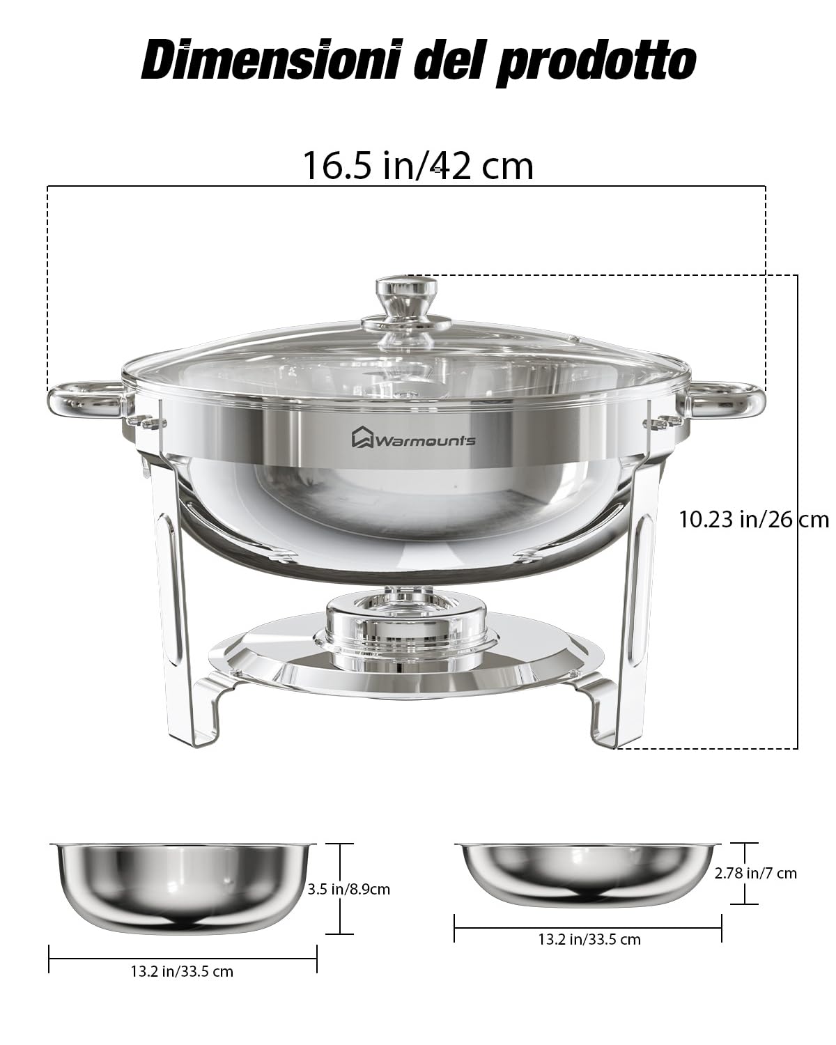 Warmounts Set di 2 scaldavivande rotondi e scaldavivande con coperchio in vetro e supporto per coperchio, scaldavivande in acciaio inox, per catering, feste, eventi, matrimoni, 4 litri