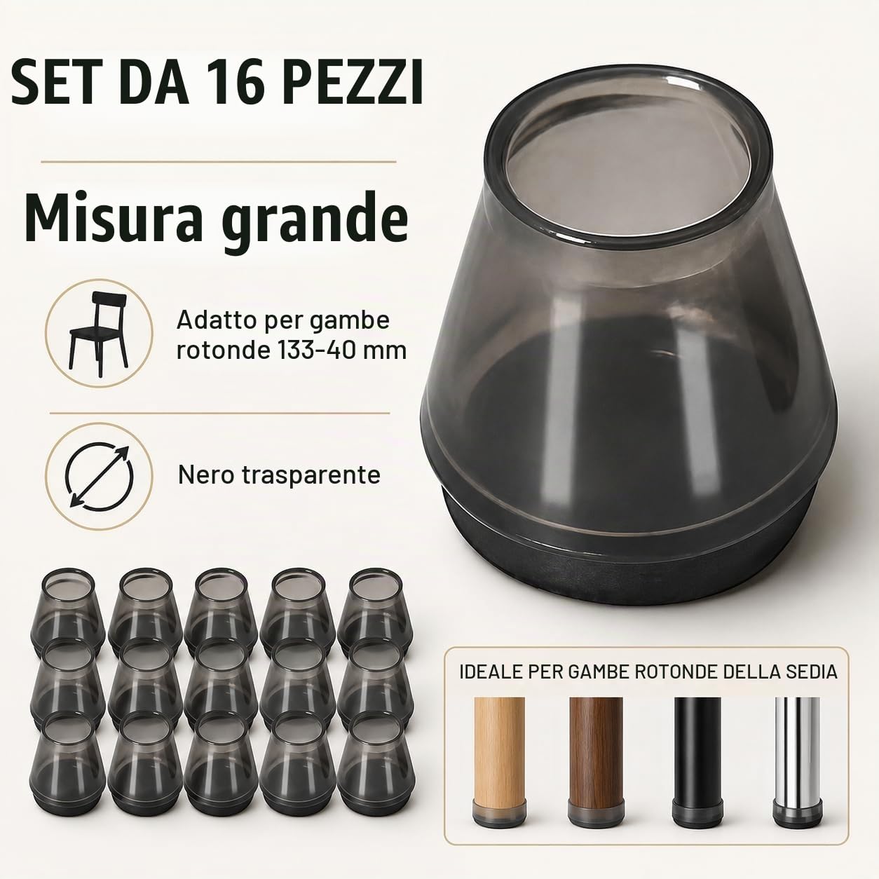 16 Pcs Gommini per Sedie in Silicone con Feltrini Neri, Diametro 30-40 mm | Proteggi Pavimenti Antigraffio e Antirumore per Legno Duro, Piastrelle e Laminato, per Gambe Dritte e Inclinate