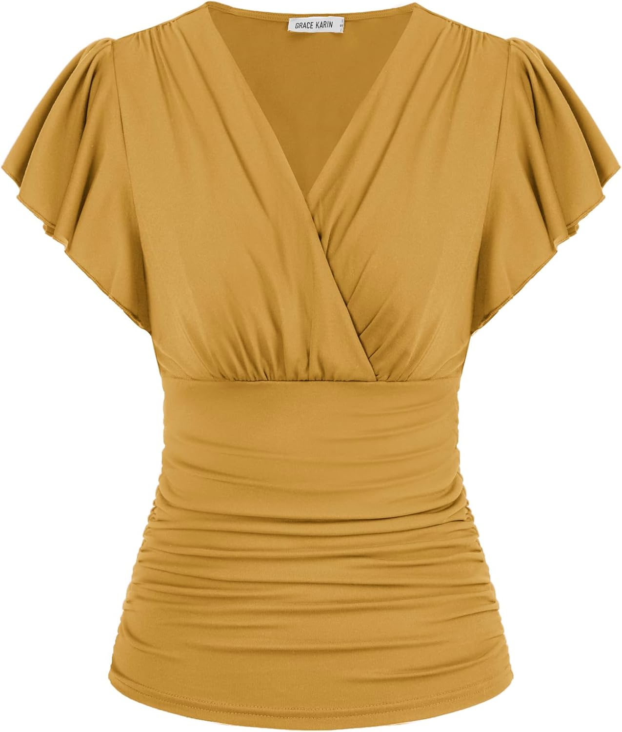 GRACE KARIN 2025 Womens Tops Summer Wrap Blouse V Neck Ruffle Sleeve Dressy Casual Top Ruched Trendy Clothes