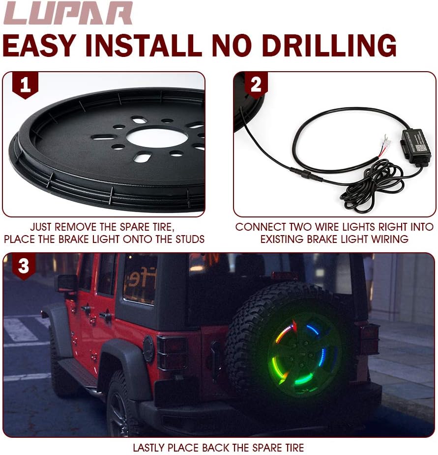 Nеw Arrіvаlѕ Lupar RGB Spare Tire Brake Light, LED Rear Wheel Brake Light with IR & Bluetooth Dual Remote Compatible with Jeep Wrangler JK 2007-2018