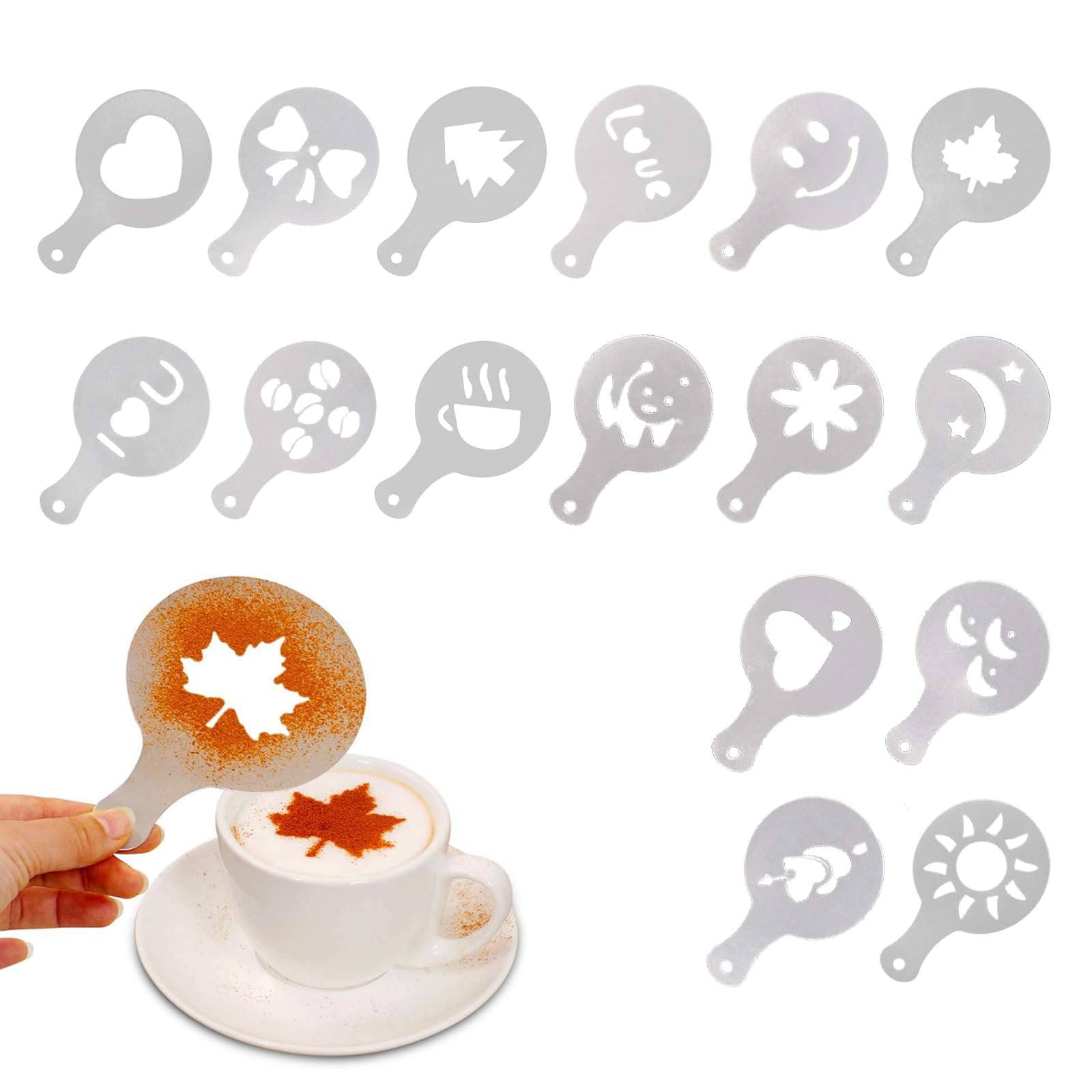 Kiuiom Coffee Stencil, Art Latte Stencils, Cappuccino Pattern Stencil, Stainless Steel Chocolate Shaker, Pastry Latte Decoration, Cocoa Sprinkler, Cappuccino Flour Sprinkler Box,