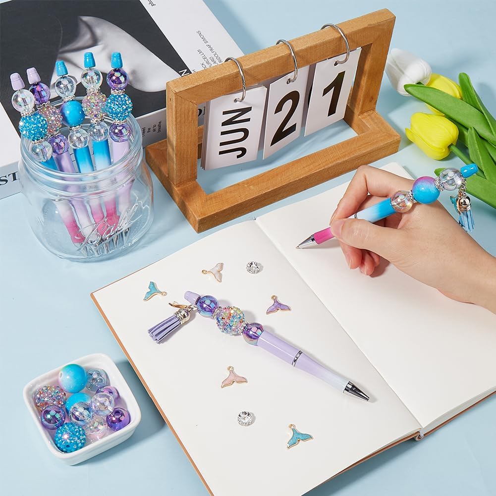 SUNNYCLUE DIY 12 Sets Ocean Beadable Pen Sets Beaded Pens Summer Hawaii Bead Pens Bulk Beading Pens Beadable Pens Fish Tail Charms Rhinestone Spacer Beads for Teachers Students Gifts Office School