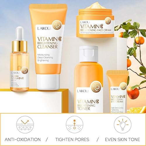 Miniatura 2 de Set de cuidado de la piel con vitamina C, kit hidratante para el cuidado de la piel de la cara con limpiador facial, suero facial, crema facial,
